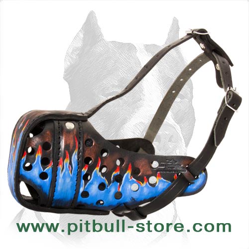 Handcrafted Pitbull Dog Muzzle with Blue Fire Flames - Click Image to Close