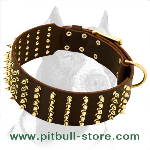 Extra Wide Leather Dog Collar with 5 Rows of Brass Spikes