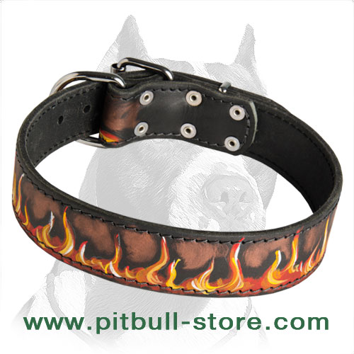 Leather Dog Collar with Bright Image of Burning Flames for Pitbull