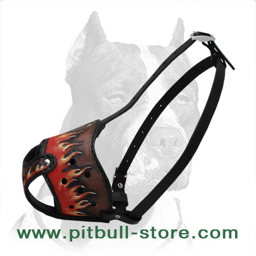 Leather Pitbull Painted in Flames Dog Muzzle