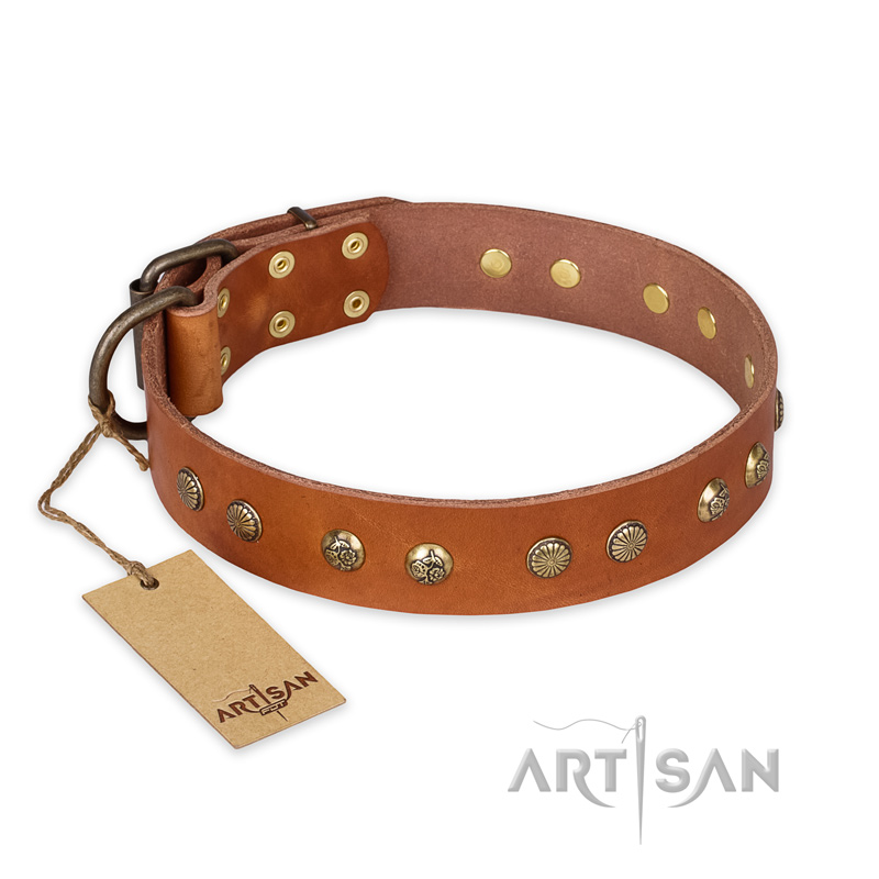 'Spring Flavor' FDT Artisan Pitbull Tan Leather Dog Collar with Old Bronze-Like Plated Engraved Studs 1 1/2 inch (40 mm) wide