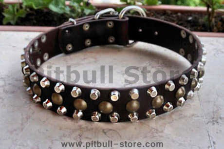 3 Rows Leather Dog Collar &Pyramids & Studs-Studded dog collar