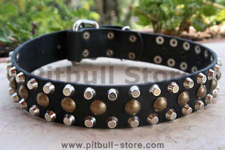 3 Rows Leather Dog Collar with Pyramids and Studs-Studded collar