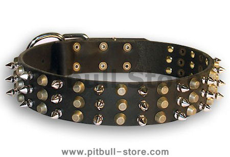 Leather dog collar with 3spikes+3old brass pyramids for All dogs