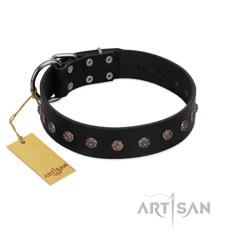 "Flower Rhapsody" FDT Artisan Premium Quaulity Black Leather Pitbull Collar
