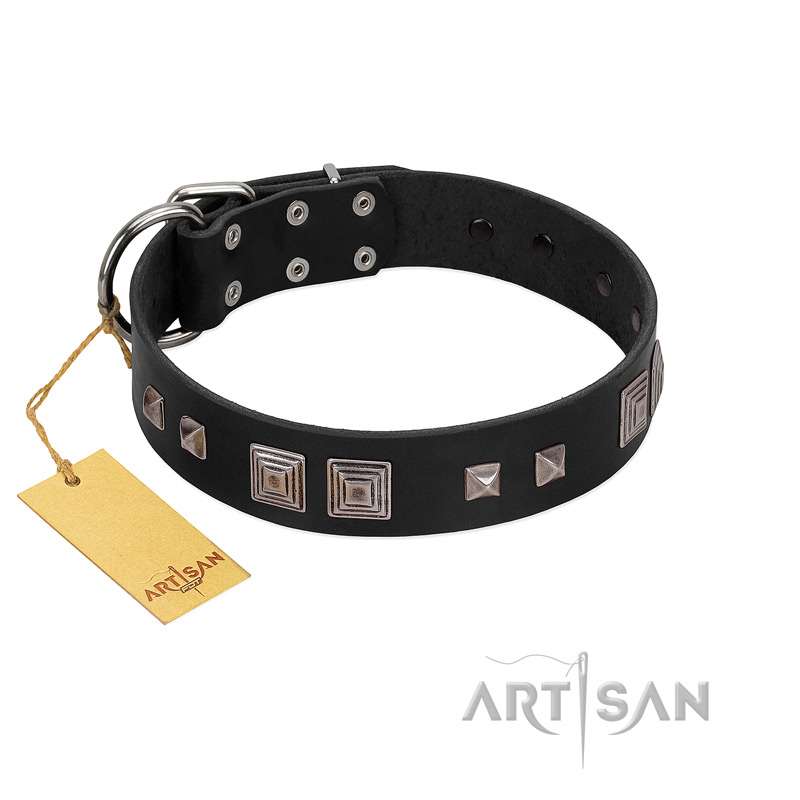 "Foregone Riches" FDT Artisan Black Leather Pitbull Collar with Old Silver-like Square Studs and Pyramids