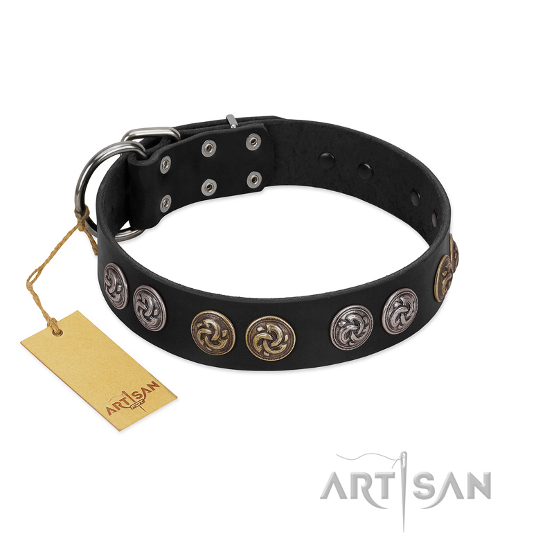 "Mister Exclusive" Designer FDT Artisan Black Leather Pitbull Collar with Medallions