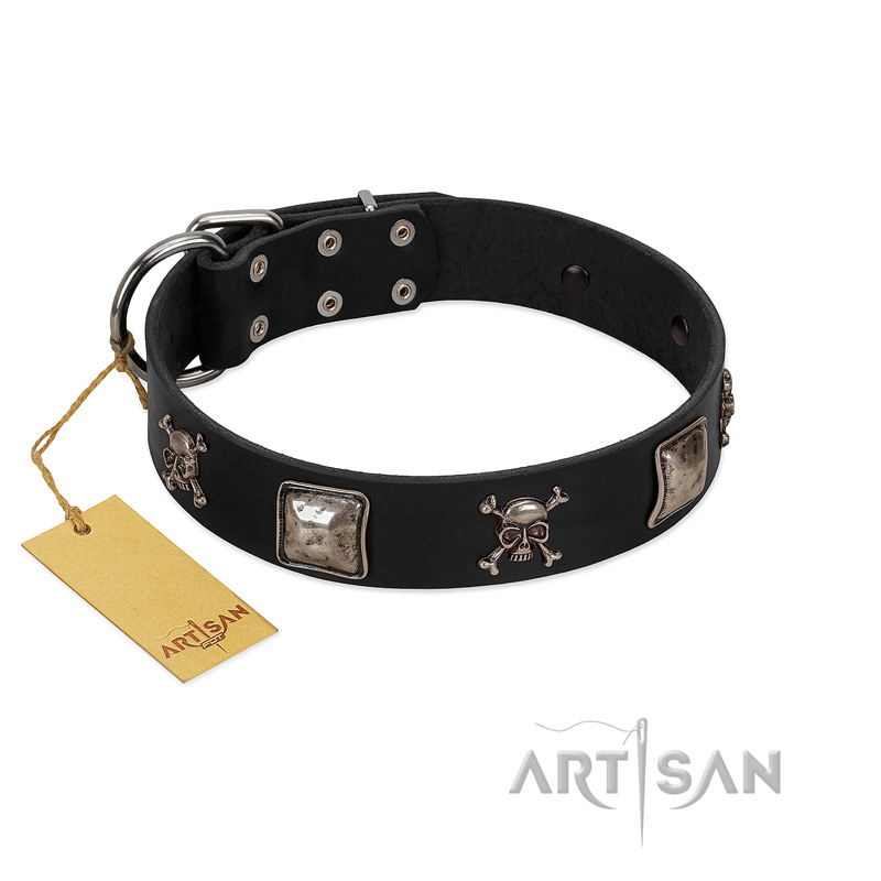 "Sea Rover" Embellished FDT Artisan Black Leather Pitbull Collar with Chrome Plated Crossbones and Plates