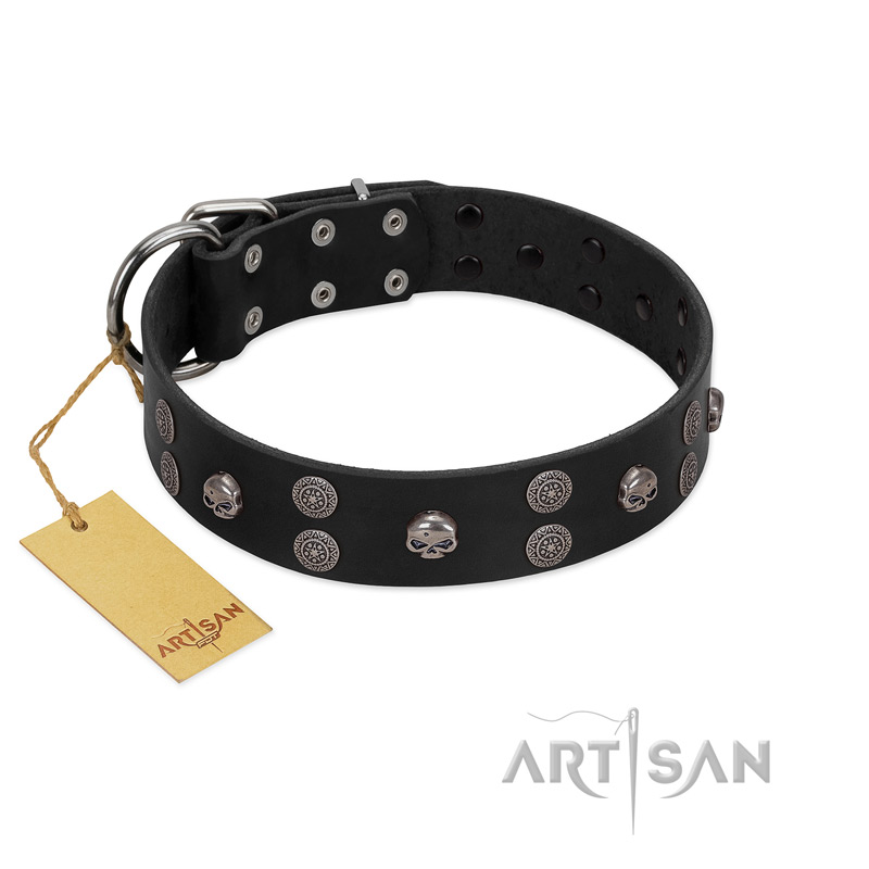 "Skull Art" Designer Handmade FDT Artisan Black Leather Pitbull Collar with Skulls - Click Image to Close