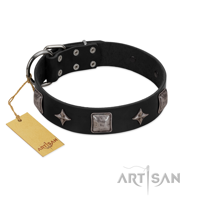 "Black Cavalier" Handmade FDT Artisan Black Leather Pitbull Collar with Silver-Like Stars and Large Plates - Click Image to Close