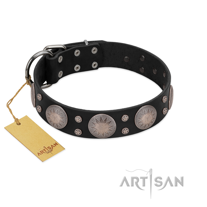 "Starry Sky" Trendy FDT Artisan Black Leather Pitbull Collar with Large Brooches