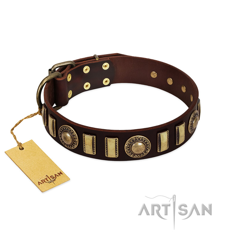 "City Call" FDT Artisan Adorned with Old Bronze-like Plates and Circles Brown Leather Dog Collar 1 1/2 inch (40 mm) Wide - Click Image to Close