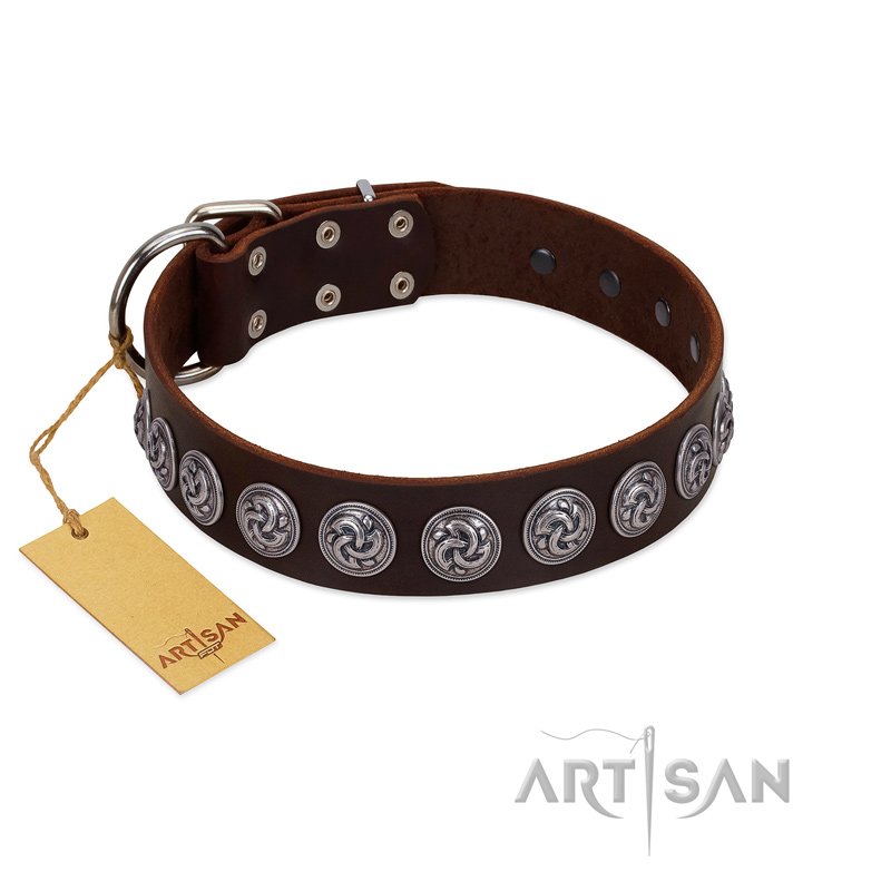 "Charming Circles" FDT Artisan Brown Leather Pitbull Collar with Silver-like Studs
