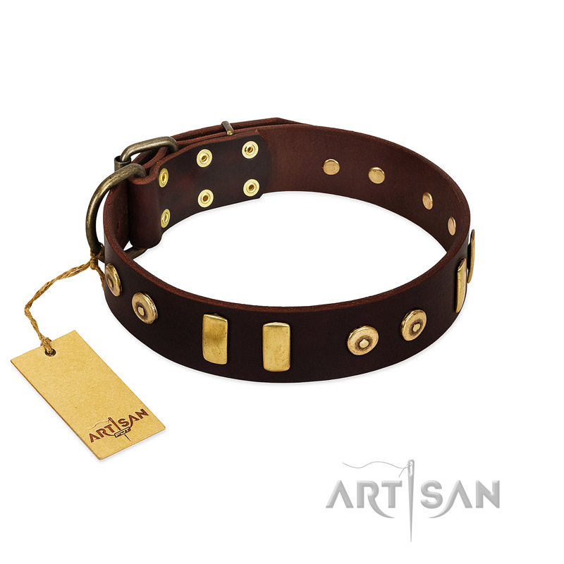 "Lord of Dogs" FDT Artisan Brown Leather Pitbull Collar with Old Bronze-like Dotted Studs and Tiles - Click Image to Close