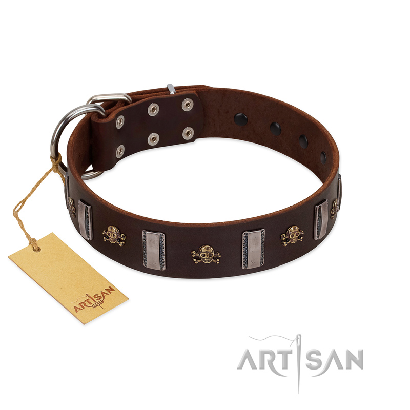 "War Chief" FDT Artisan Genuine Brown Leather Pitbull Collar with Skulls and Plates