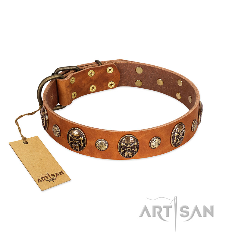 "Call of Feat" FDT Artisan Tan Leather Pitbull Collar with Old Bronze-like Studs and Oval Brooches