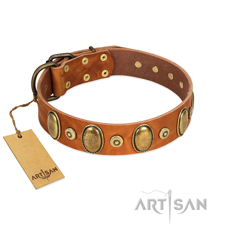 "Crystal Sand" FDT Artisan Tan Leather Pitbull Collar with Vintage Looking Oval and Round Studs - Click Image to Close
