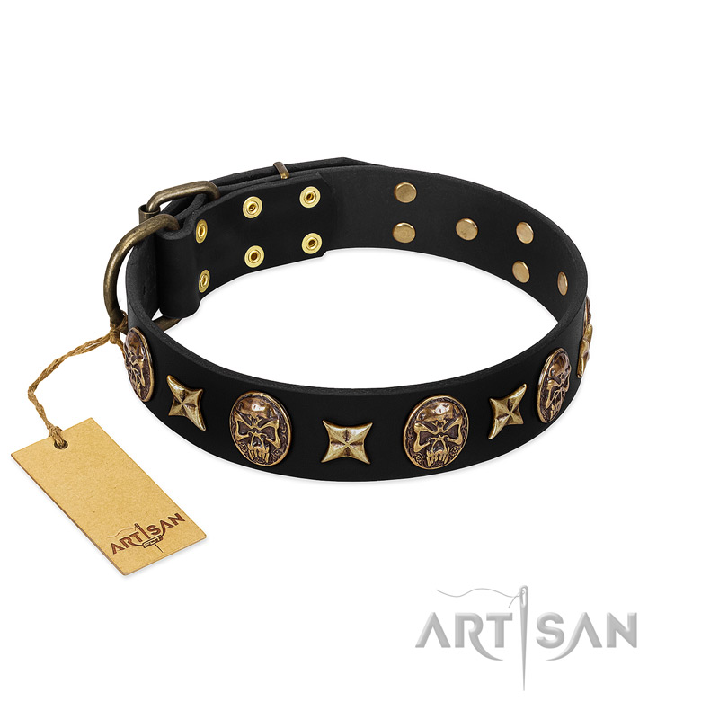 "Starry Saga" FDT Artisan Black Leather Pitbull Collar with Stars and Skulls