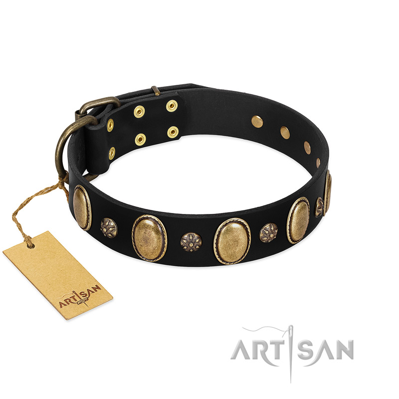 "Gilded Stones" FDT Artisan Black Leather Pitbull Collar with Old Bronze-like Ovals and Studs - 1 1/2 inch (40 mm) wide - Click Image to Close