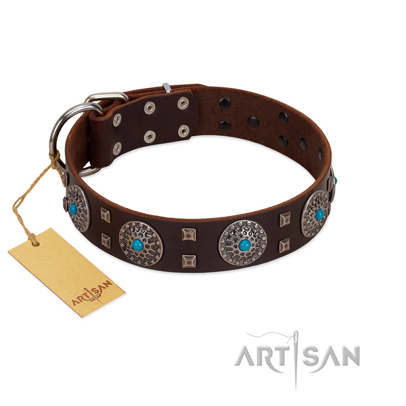 "Hypnotic Stones" FDT Artisan Brown Leather Pitbull Collar with Chrome Plated Brooches and Square Studs