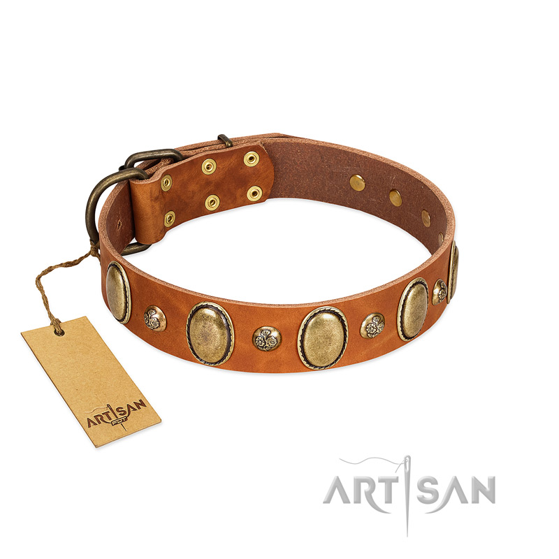 "Venus Breath" FDT Artisan Tan Leather Pitbull Collar with Vintage Looking Oval and Round Studs - Click Image to Close