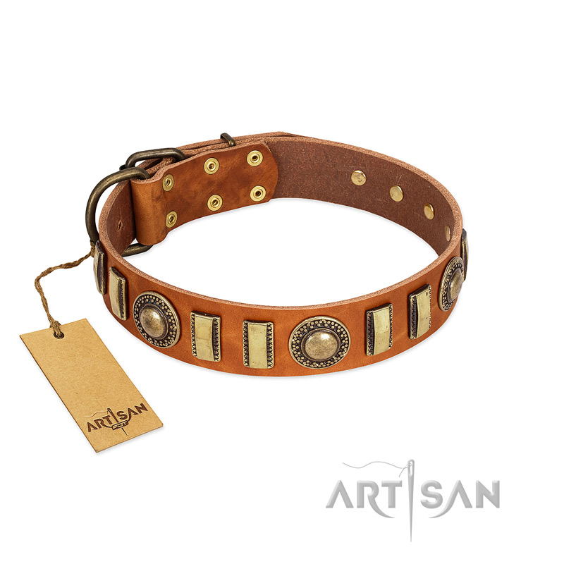 "Happy Hound" FDT Artisan Tan Leather Pitbull Collar with Elegant Decorations