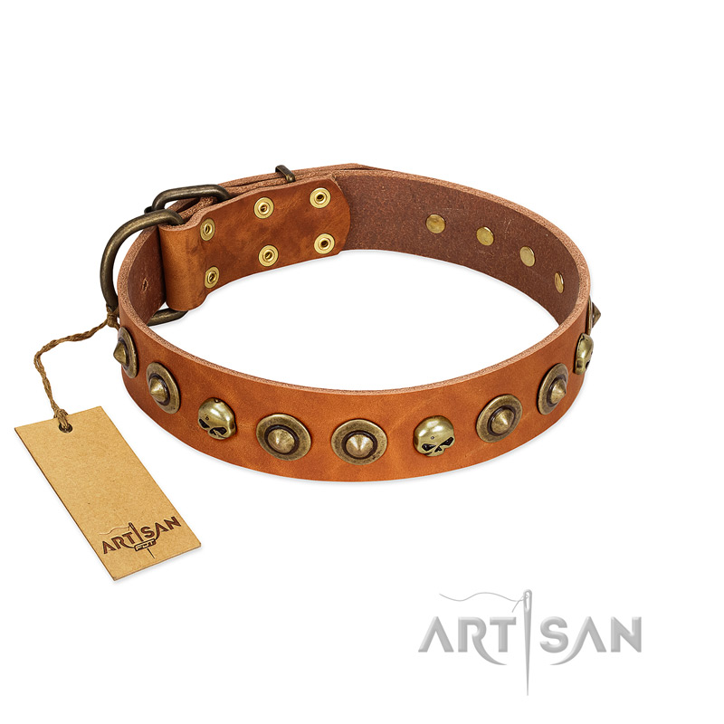 "Prez of the Pack" FDT Artisan Tan Leather Pitbull Collar with Skulls and Brooches