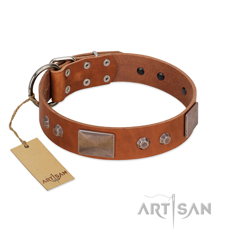 "Great Obelisk" Handcrafted FDT Artisan Tan Leather Pitbull Collar with Large Plates and Pyramids