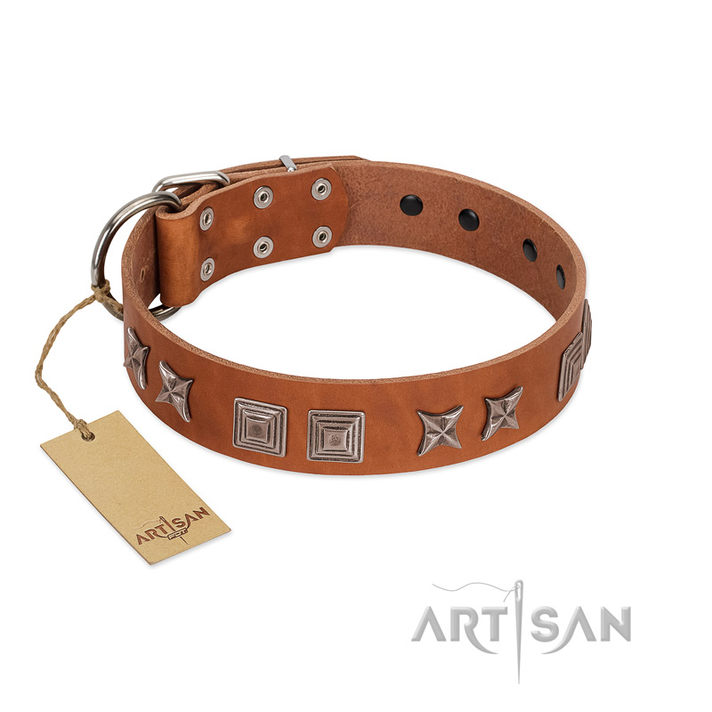 "Antique Figures" FDT Artisan Tan Leather Pitbull Collar with Silver-like Engraved Plates