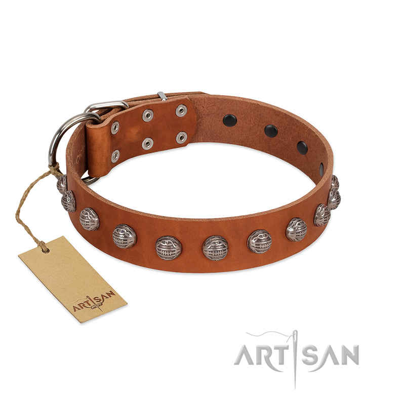 "Heroic Deeds" Designer Handmade FDT Artisan Tan Leather Pitbull Collar