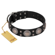 "Starry Sky" Trendy FDT Artisan Black Leather Pitbull Collar with Large Brooches