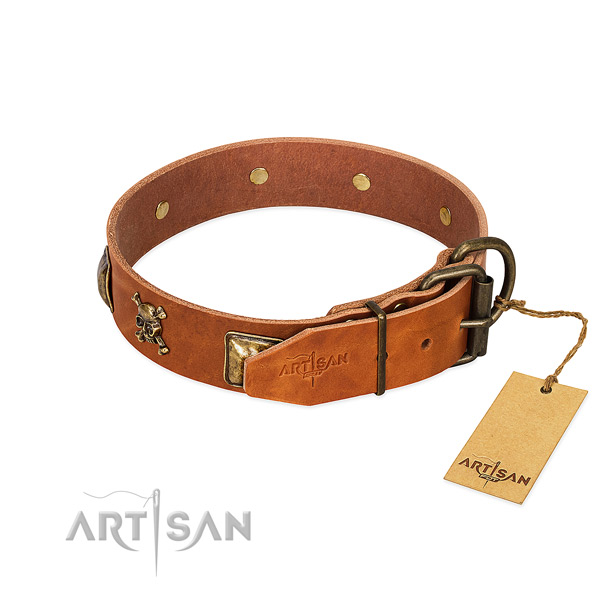 Exceptional genuine leather dog collar with corrosion proof decorations