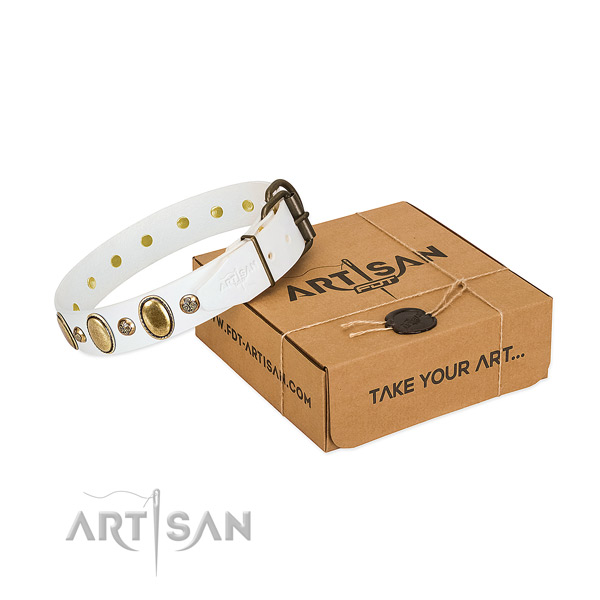 Inimitable genuine leather dog collar with corrosion proof hardware