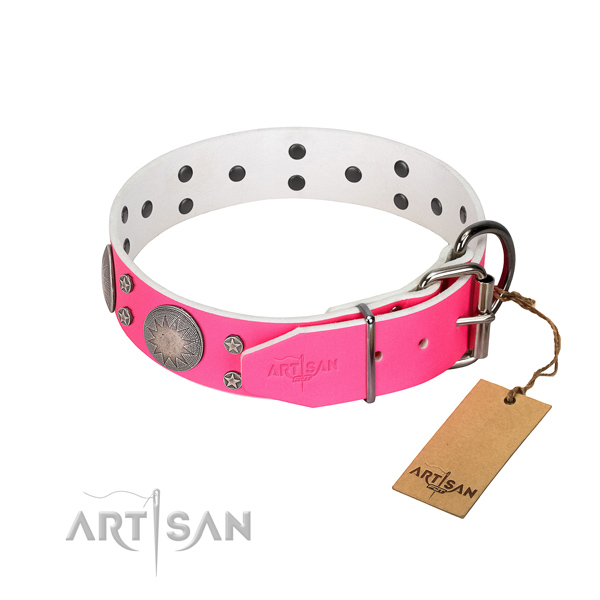 Handy use studded natural leather dog collar
