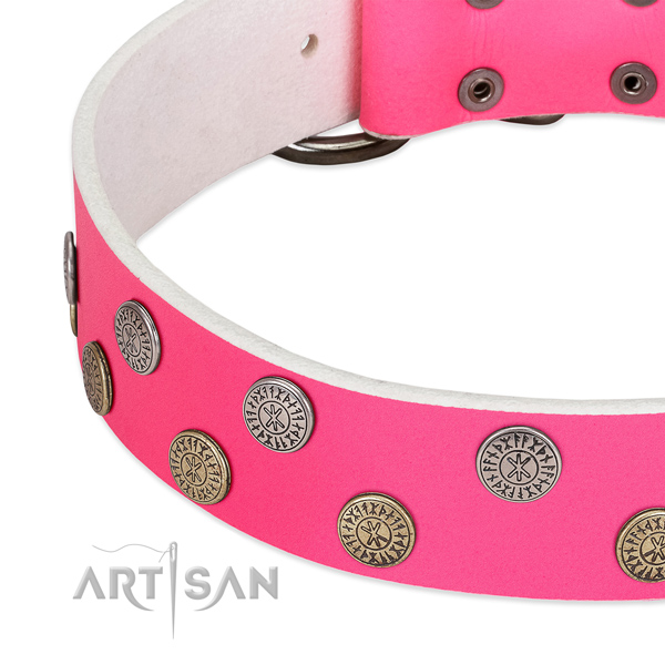 Flexible genuine leather dog collar with decorations for comfortable wearing