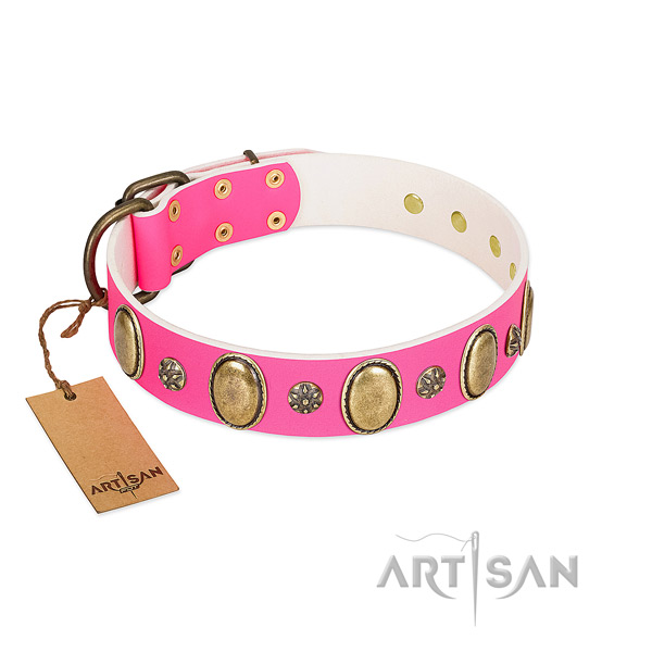 Everyday use reliable natural genuine leather dog collar with decorations