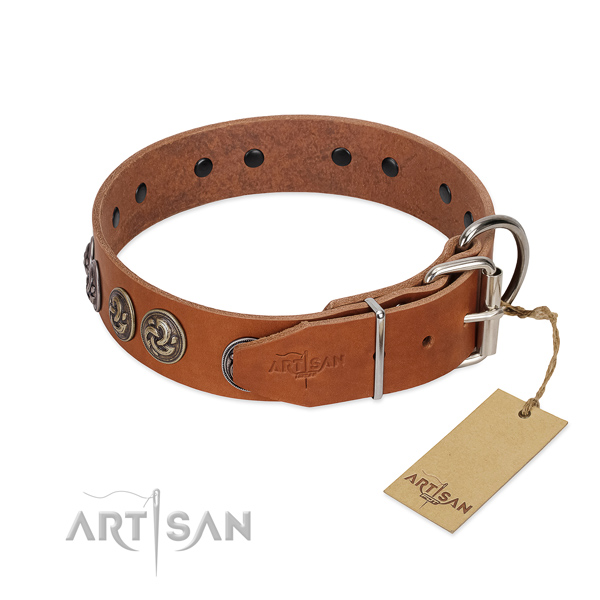 Corrosion resistant D-ring on stylish genuine leather dog collar