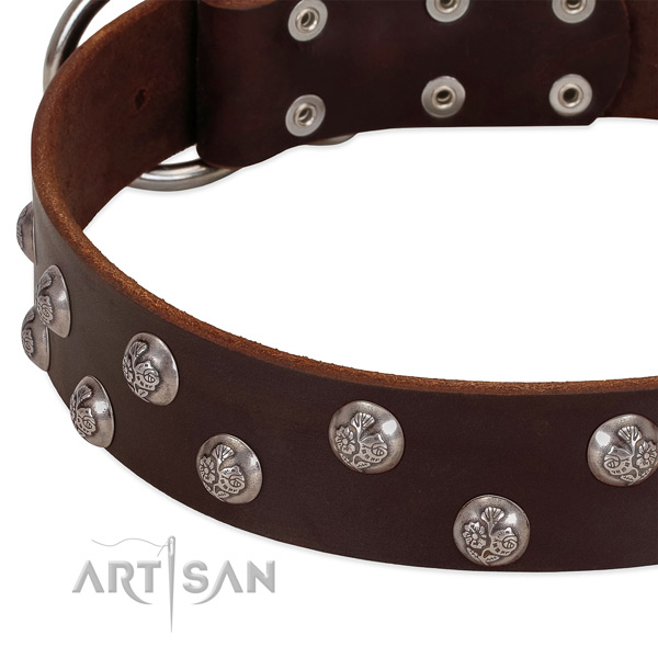Genuine leather dog collar with rust resistant D-ring and decorations