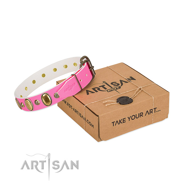 Comfortable full grain genuine leather dog collar with reliable hardware