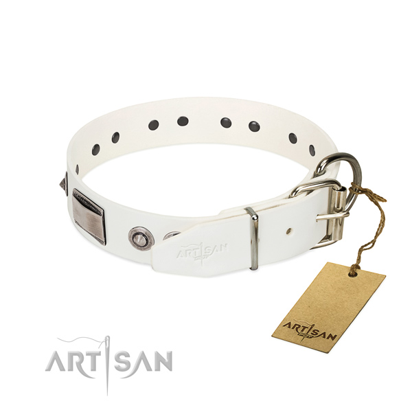 Convenient dog collar of full grain genuine leather with adornments