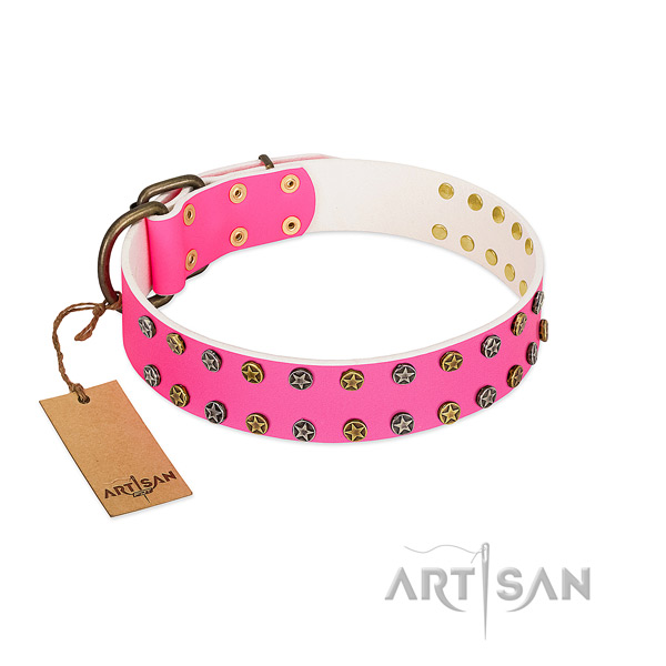 Top rate natural leather collar with embellishments for your four-legged friend