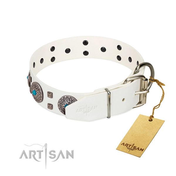 Reliable full grain genuine leather dog collar with decorations for comfy wearing