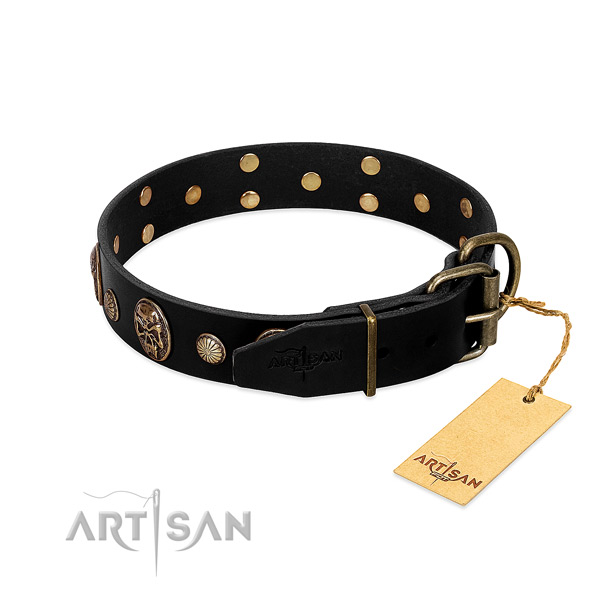 Durable fittings on genuine leather collar for stylish walking your doggie