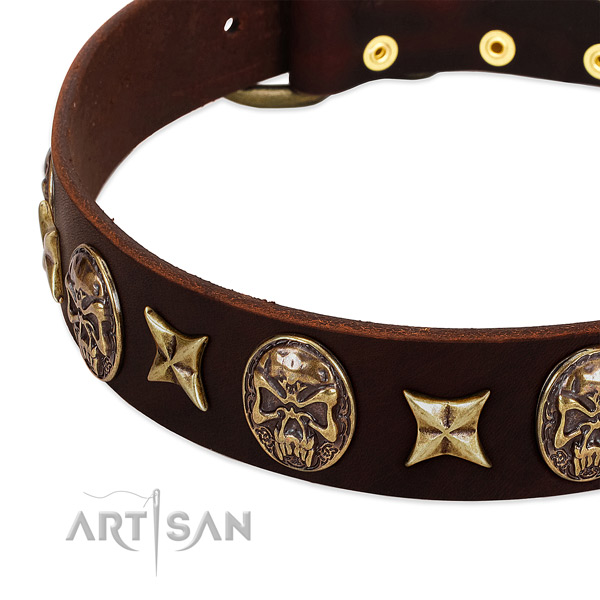 Durable D-ring on genuine leather dog collar for your four-legged friend