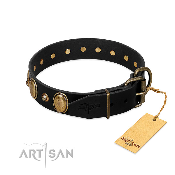 Rust-proof D-ring on genuine leather collar for stylish walking your dog