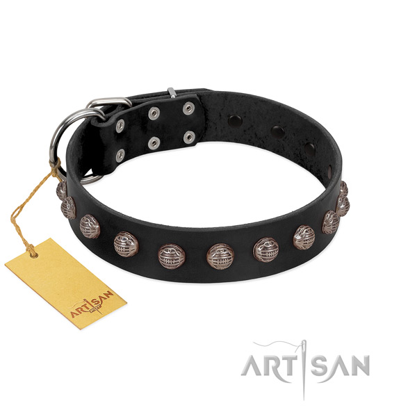 Durable buckle on decorated full grain natural leather dog collar
