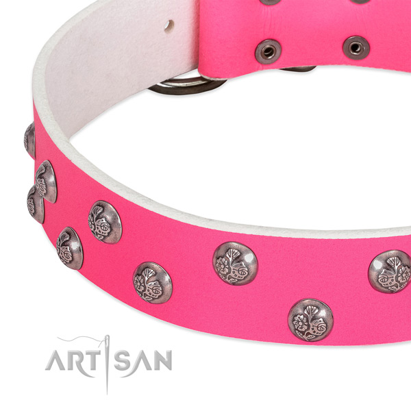 Leather dog collar with corrosion resistant hardware and adornments