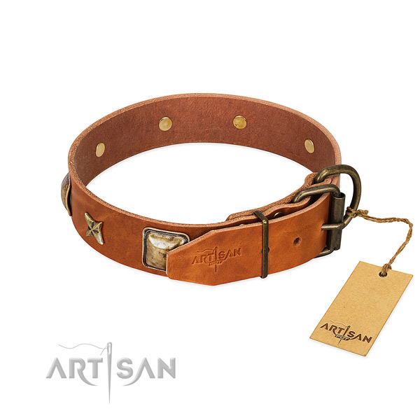 Full grain genuine leather dog collar with corrosion resistant D-ring and adornments