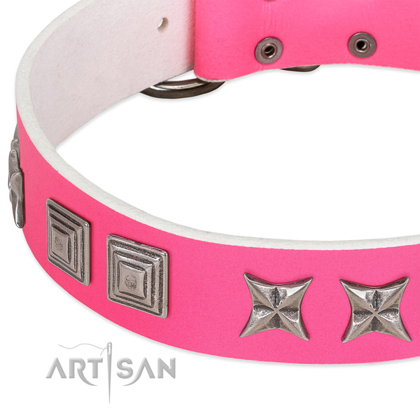 Gentle to touch full grain genuine leather dog collar with corrosion proof D-ring