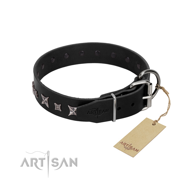 Flexible full grain natural leather dog collar with decorations for easy wearing